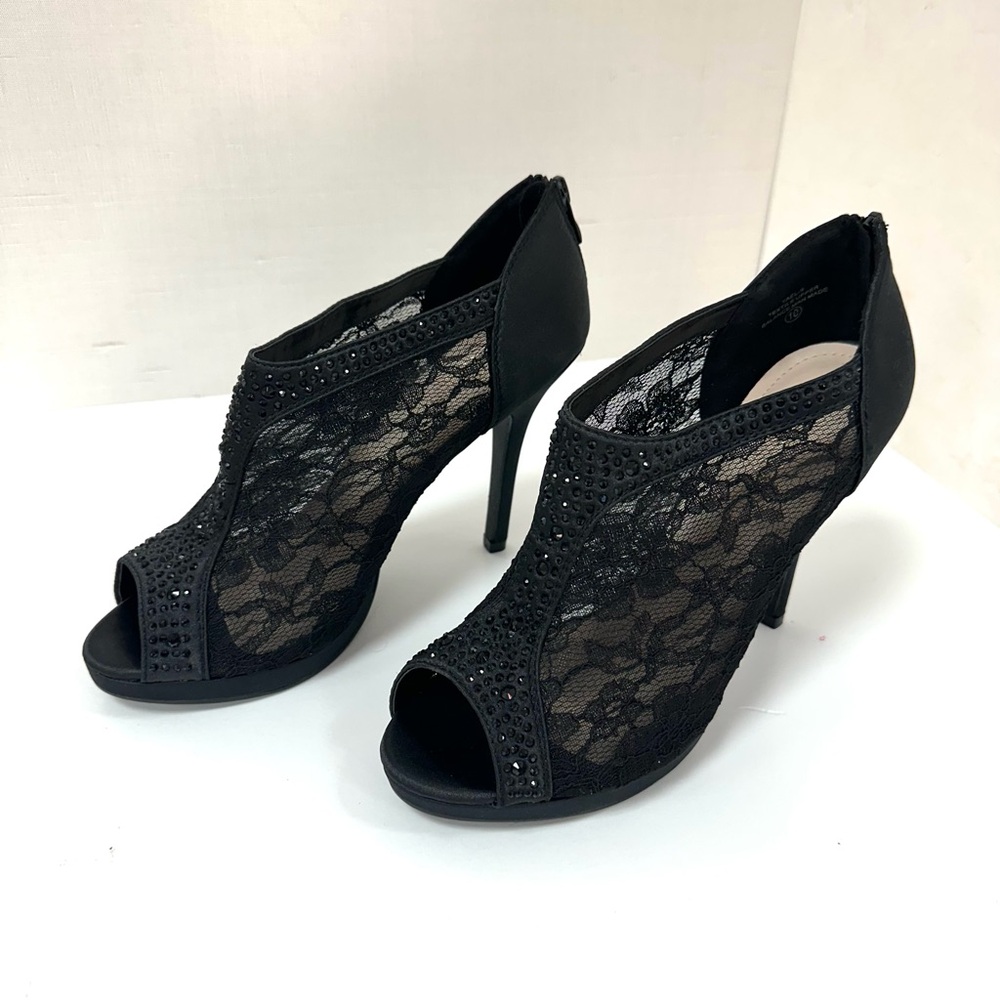 High Heel Fabric Lace Booties Shoes with Rhinestones Black size 10